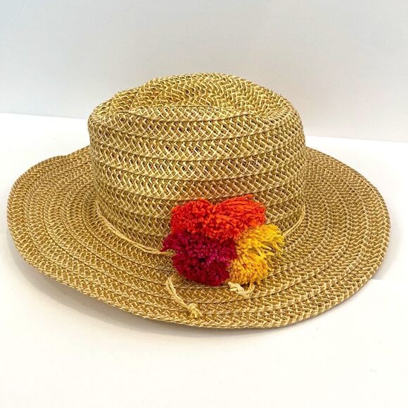 DPC Dorfman Pacific Wide Brim Paper Hat With Colored Pompoms - Picture 1 of 13